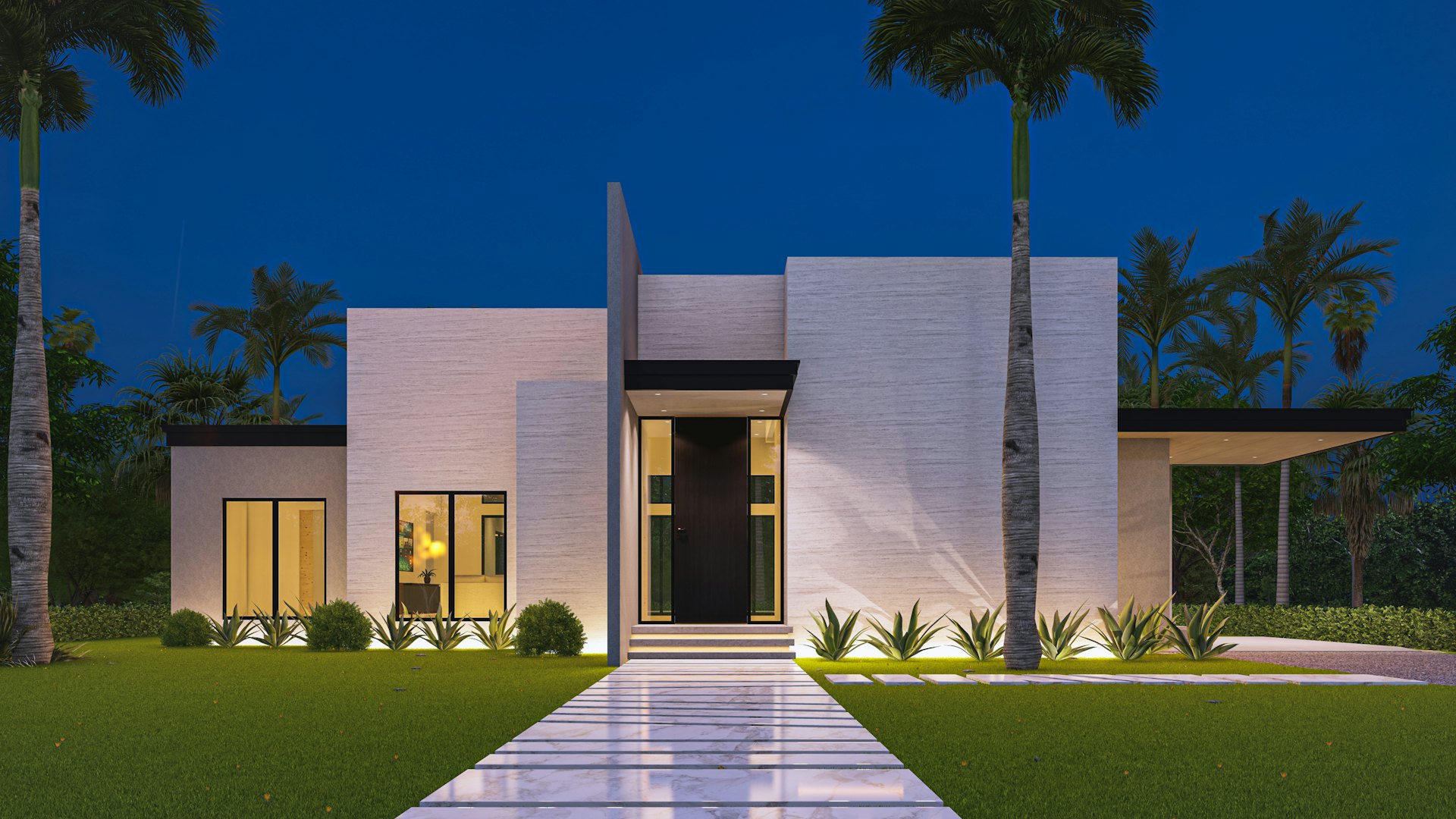Maison moderne avec une allée éclairée