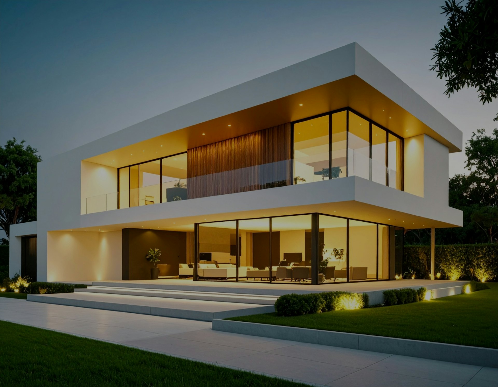 Maison contemporaine éclairée à la tombée de la nuit
