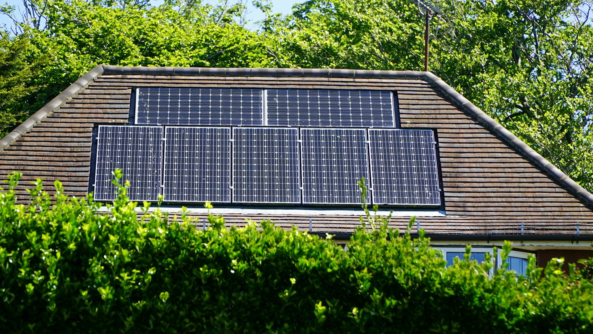 Toiture équipée de panneaux solaires dans la verdure